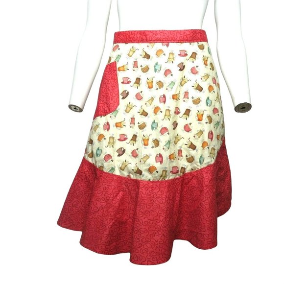 Retro Cooking Half Apron One Size Fountain Drinks Red Ruffle Pocket Tie Waist - Picture 3 of 11